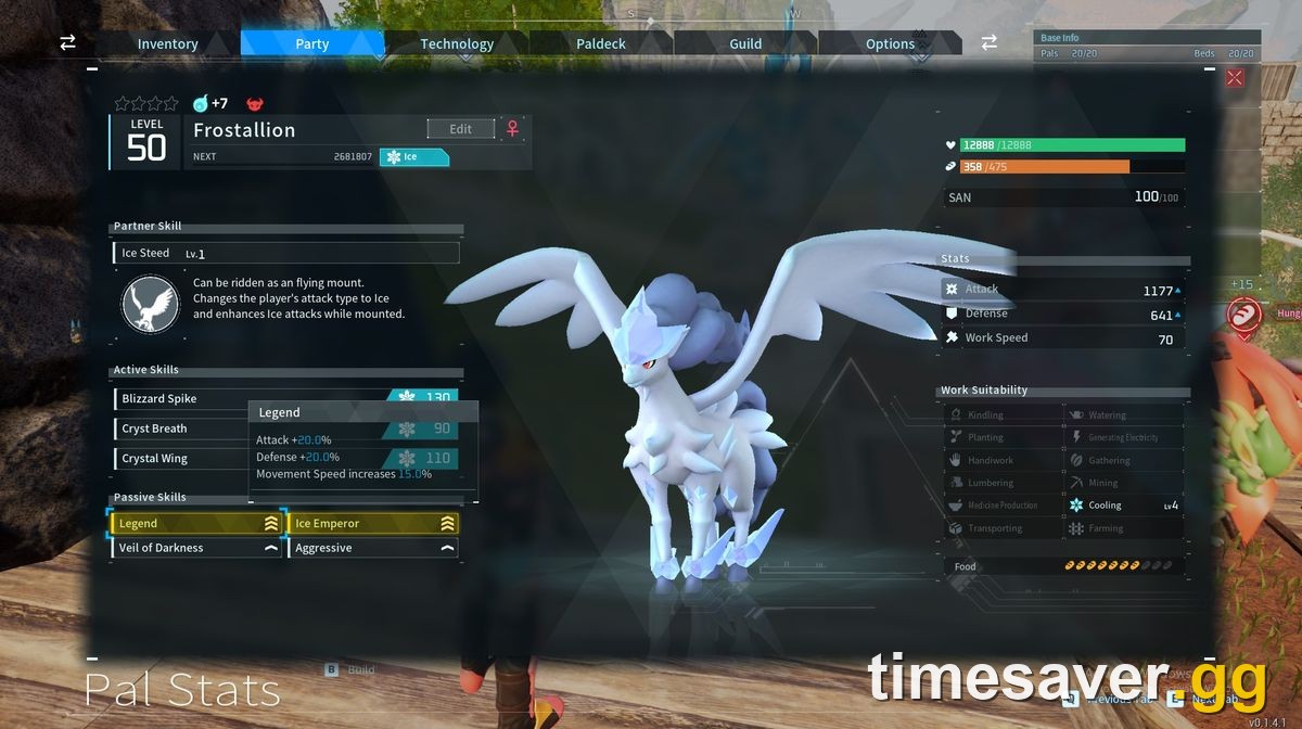 Palworld Pal Stats screen for Frostallion showing its four Passive Skill slots