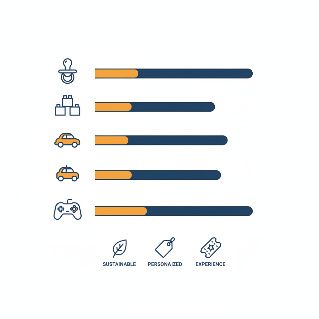 Minimalistische 2D-Vektorinfografik zu weihnachtsgeschenke für kinder mit Icons für Babies, 3–5, 6–9 und Teens, Budget-Balken und Symbolen nachhaltig, personalisiert, erlebnis