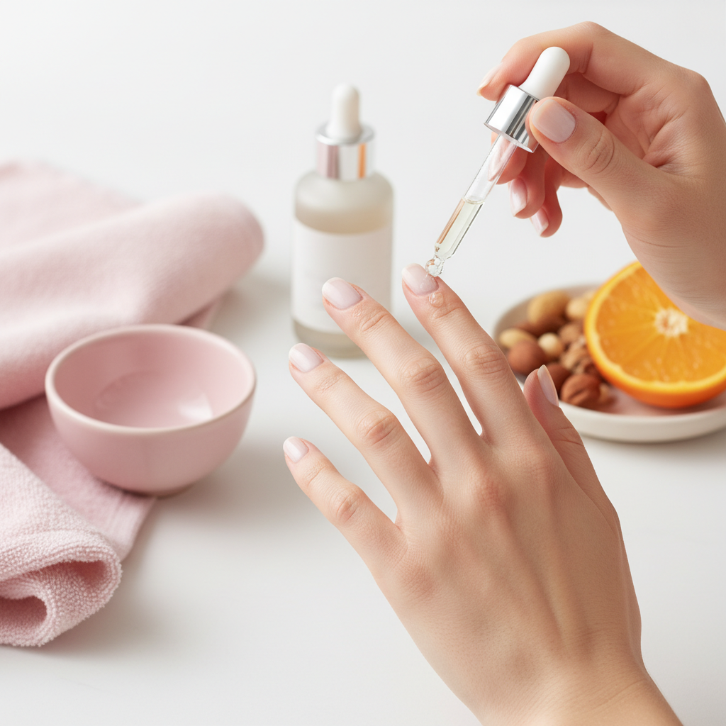 Hand massiert Nagelöl in Nagelhaut vor weißem Hintergrund mit Pastellrosa Akzenten; stilvolle NailX-Ästhetik — welcher Nährstoff stärkt die Nägel