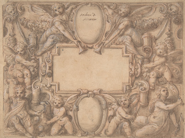 A Cartouche and Two Shields Surrounded by Allegorical Figures 15701631