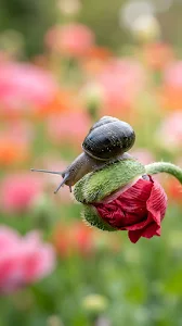 Garden Snail Resting on a Poppy Flower Bud
