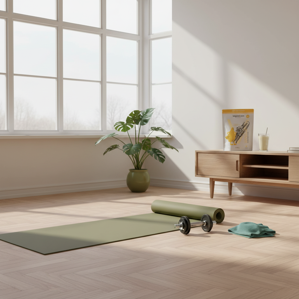 Minimalistische Heimtrainingsszene mit Yogamatte, Kurzhantel, Vegardians-Proteinprodukt und Shake auf Sideboard vor großem Fenster im skandinavischen Raum – supplements für Muskelaufbau