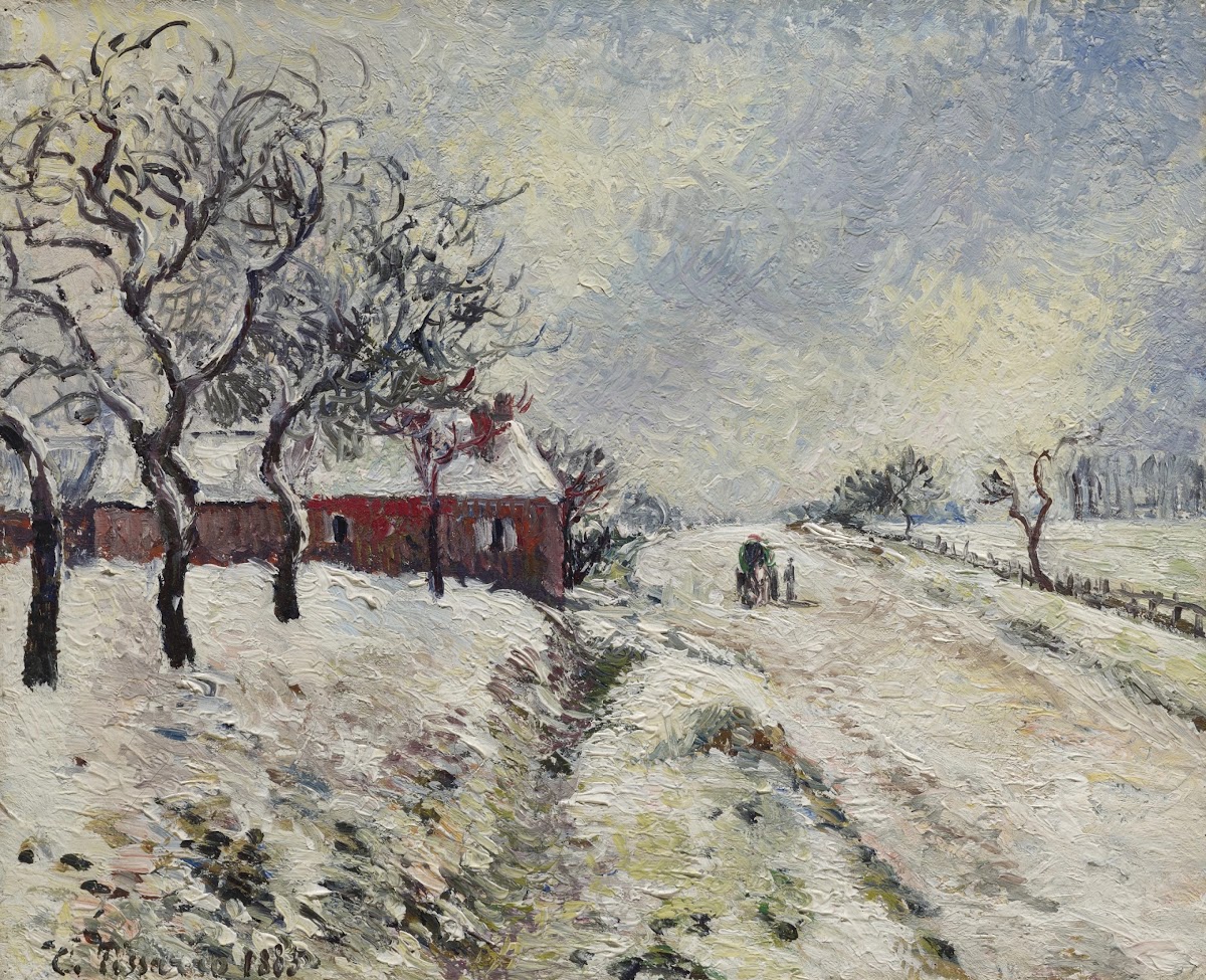 Route enneigée avec maison environs dEragny 1885