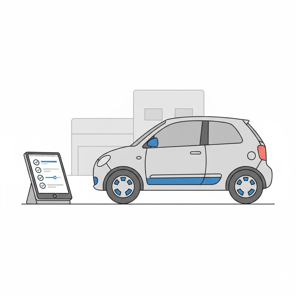 Minimal 2D vector illustration of a tablet showing iconized service records and a small hatchback at a dealership lot representing a smart car for sale