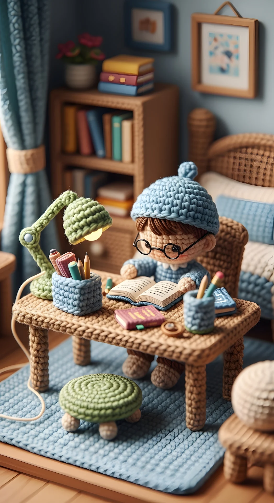 Cozy Amigurumi Crochet Boy Studying at a Tiny Desk - Free 4K mobile Wallpaper