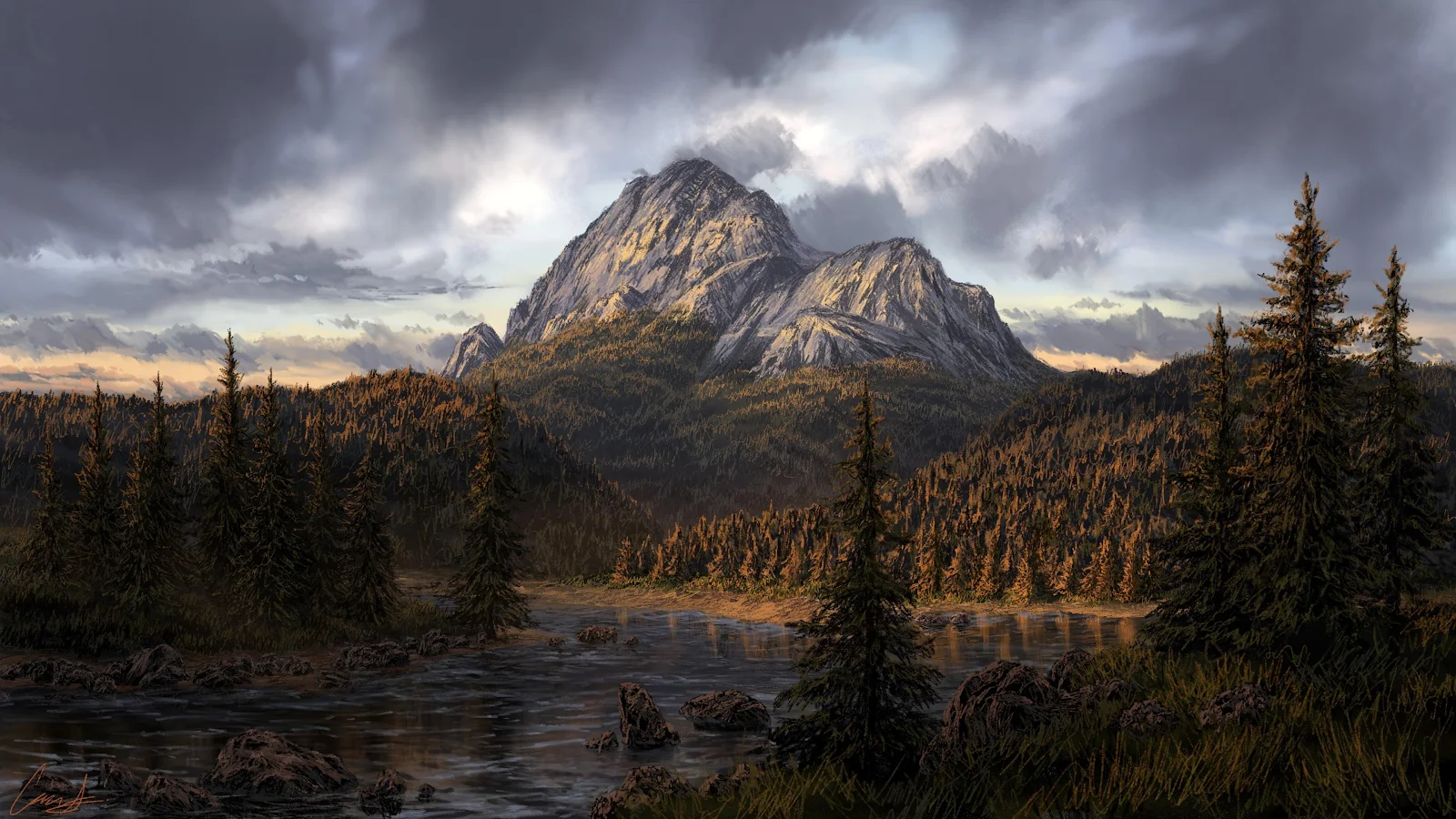 High Mountain Peak At Sunset - Digital Landscape Painting 4K Wallpaper (3840x2160)