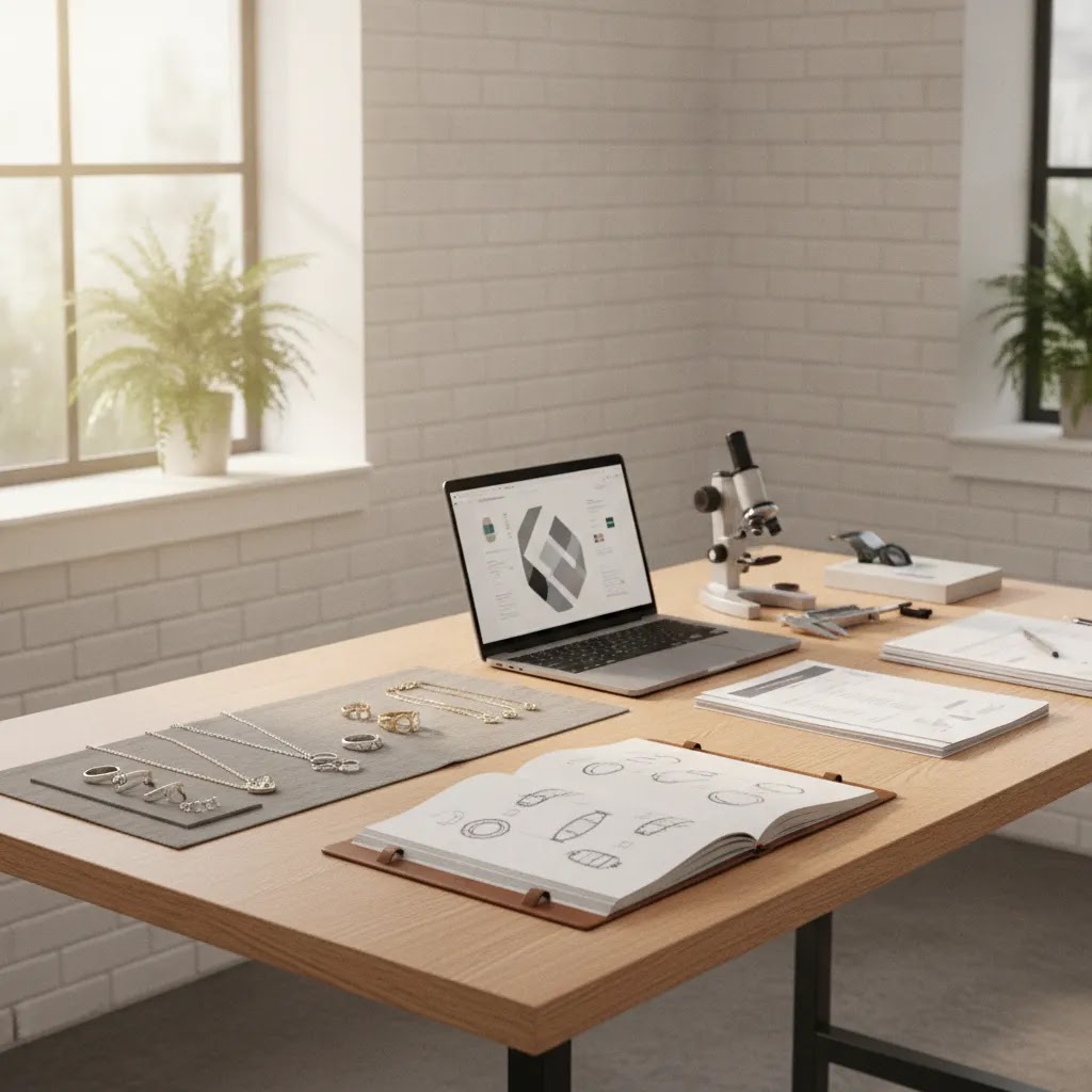 Why B2B customers Europe prioritize transparency jewelry production shown through a premium jewelry sourcing workspace with samples, approvals, and quality control tools