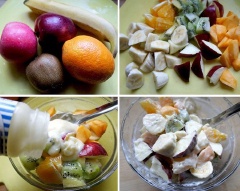 Kiwi gọt vỏ, chuối bóc vỏ. Cam gọt vỏ. Táo rửa sạch. Tất cả cắt miếng vuông. Cho trái cây vào tô, thêm 2 muỗng canh sốt mayonnaise, trộn đều nhẹ nhàng.