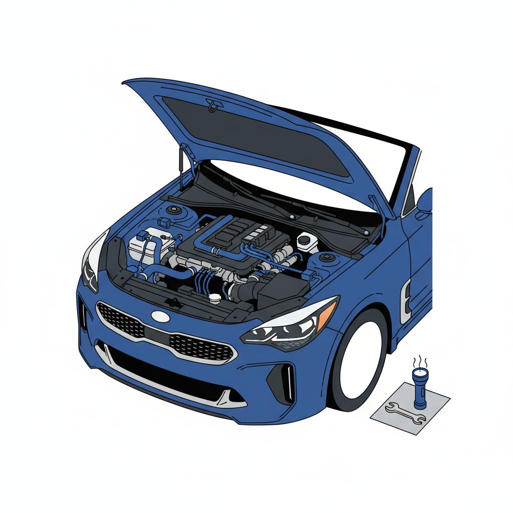 Minimalist 2D vector of an open Kia Stinger hood showing engine hoses wiring connectors and inspection tools on a white background kia stinger for sale