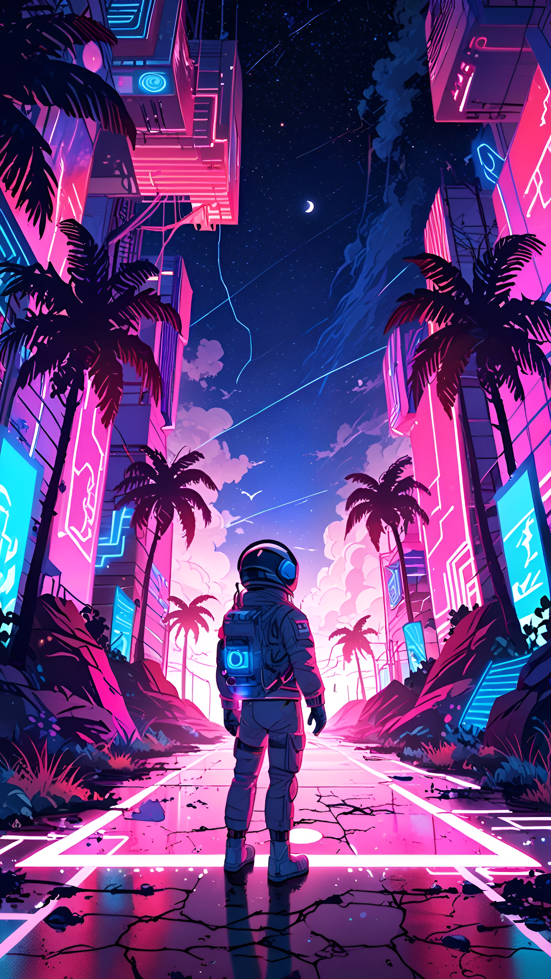 Astronaut Neon City Street Palm Trees Synthwave Art - Free 4K mobile Wallpaper