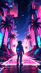 Astronaut Neon City Street Palm Trees Synthwave Art