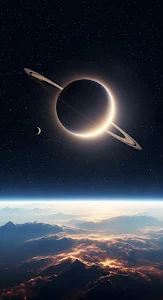 Ringed Planet Eclipse Over Mountain Clouds Vista