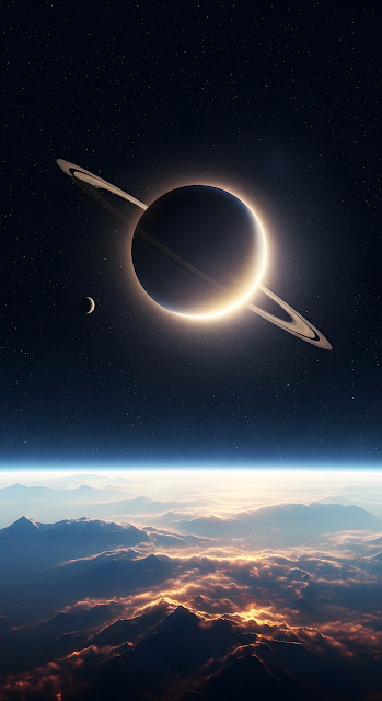 Ringed Planet Eclipse Over Mountain Clouds Vista - Free mobile Wallpaper