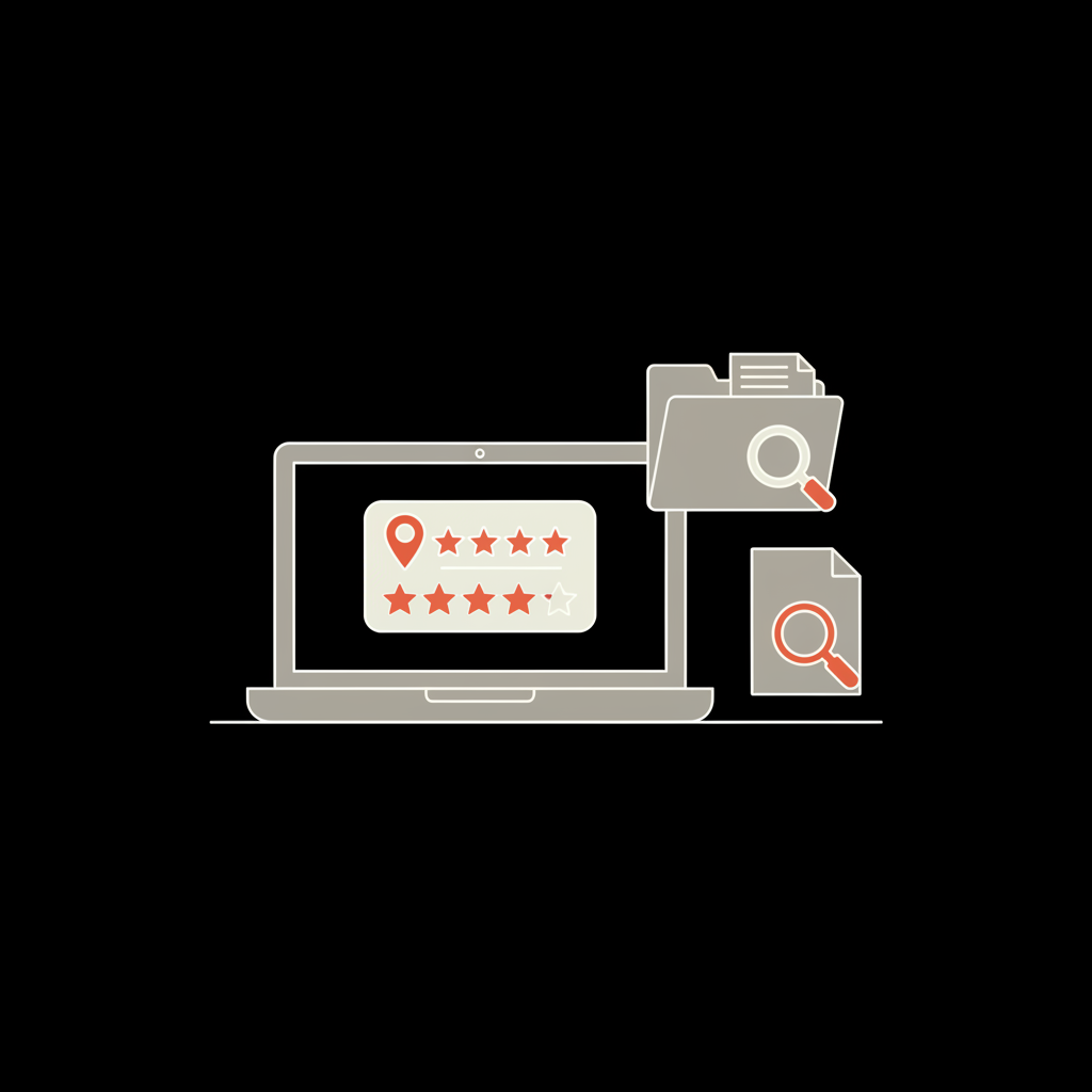 Minimal vector workspace showing a laptop with a maps-style review card on screen and an evidence folder icon beside it, illustrating how to remove Google reviews