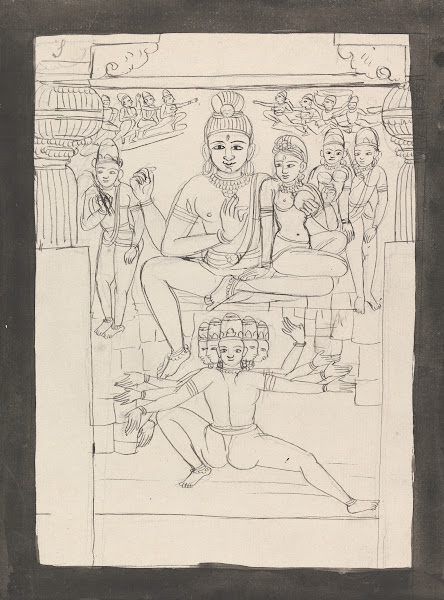 Ravana Shaking Mount Kailasa below Shiva and Parvati