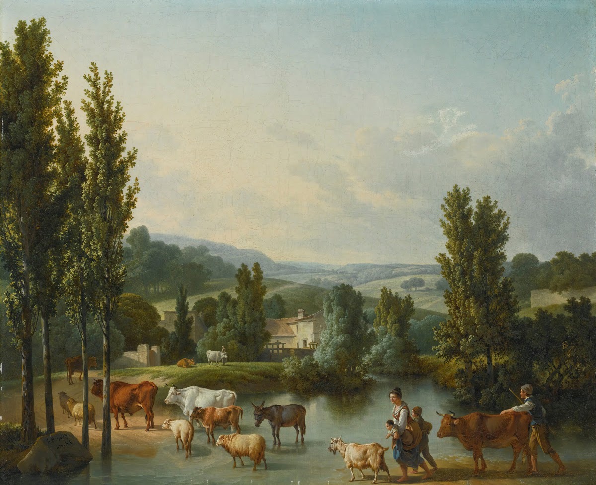 A Shepherd And His Family With Their Livestock Fording A Stream In An Extensive