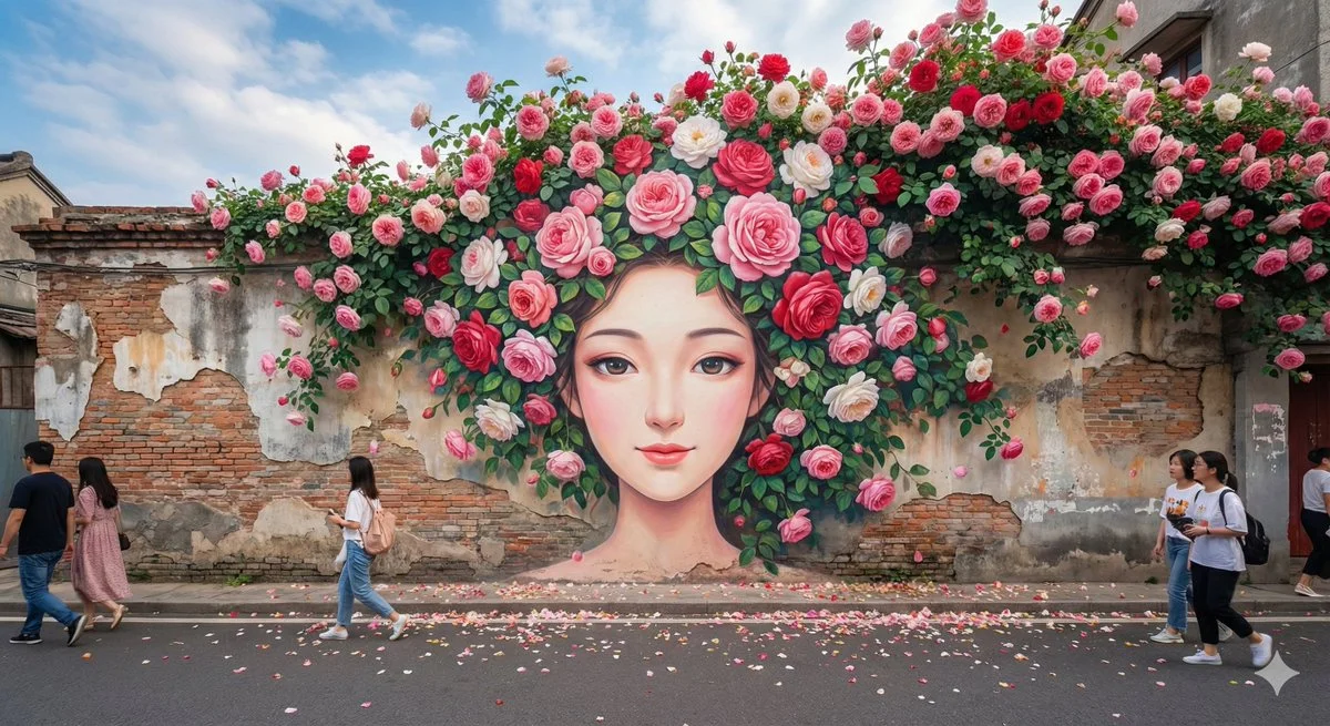 Arte callejero de alta resolución con estilo chino, escena callejera onírica con figura femenina de dibujos animados y corona de rosas.