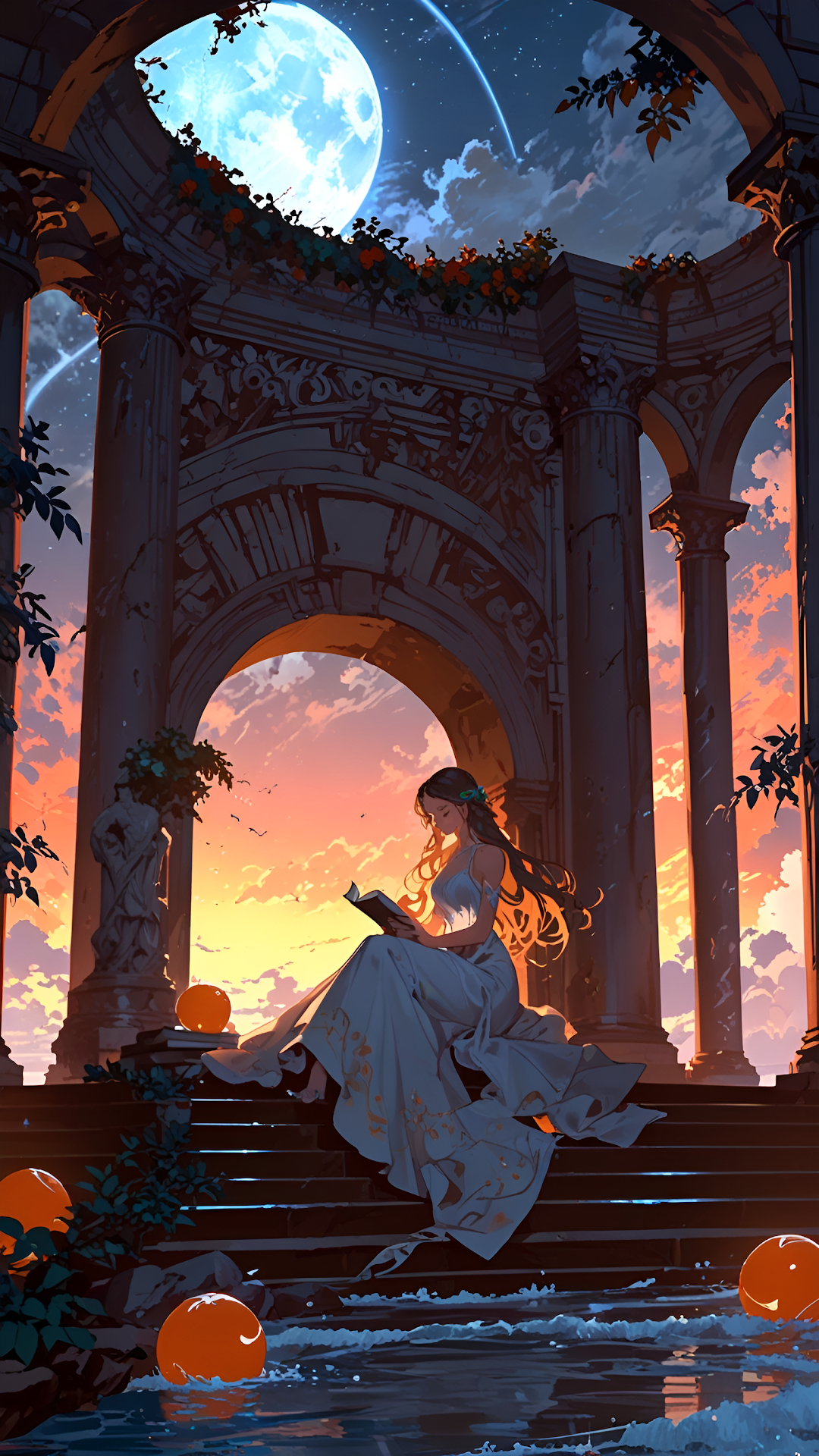 Goddess Reading in Ancient Ruins Under Sunset and Blue Moon - Free 4K mobile Wallpaper