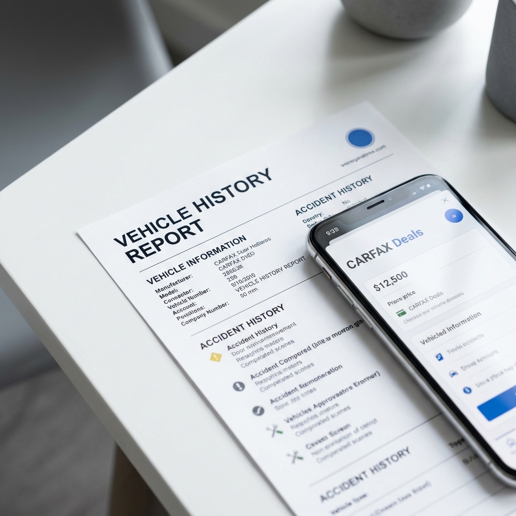 Close up photo of a printed vehicle history report and smartphone showing CARFAX Deals price label evaluating Which is better Kelley Blue Book or NADA