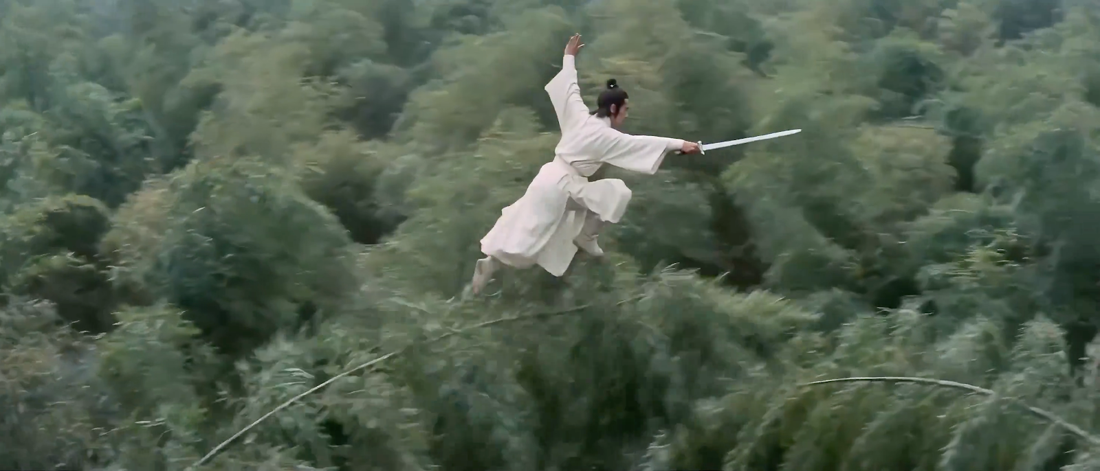 Espadachín de Wuxia en el bosque de bambú, estilo del director King Hu, estética de aguada de tinta.