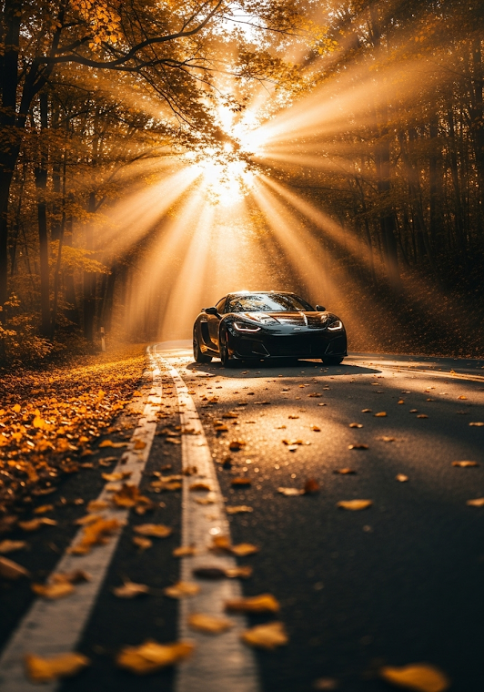 Luxury Sports Car on Autumn Forest Road