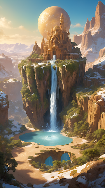 Floating Castle on Cliff with Waterfall Under Giant Moon - Free mobile Wallpaper