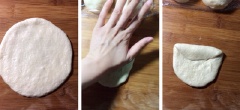 Lấy một viên bột ra, cán dẹt rồi lần lượt gập 2 đầu của hình tròn vào giữa. Dùng tay ấn mạnh và tiếp tục cuộn lại để tạo hình giọt nước.