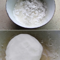 Cho 300ml nước vào bột mì, dùng đũa khuấy đều cho nhuyễn rồi vo tròn lại.