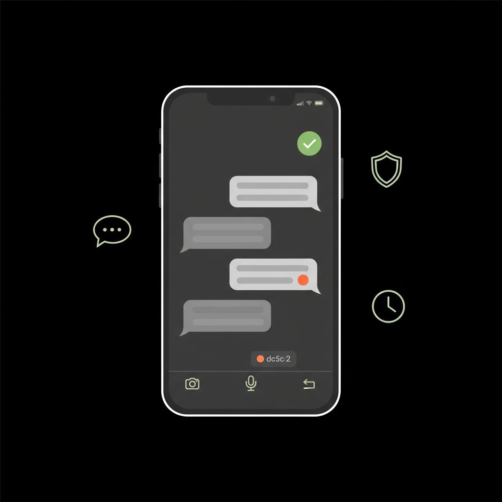 Flat 2D vector illustration of a smartphone with simplified chat bubbles and a green verification badge on black background, representing WhatsApp business verification.