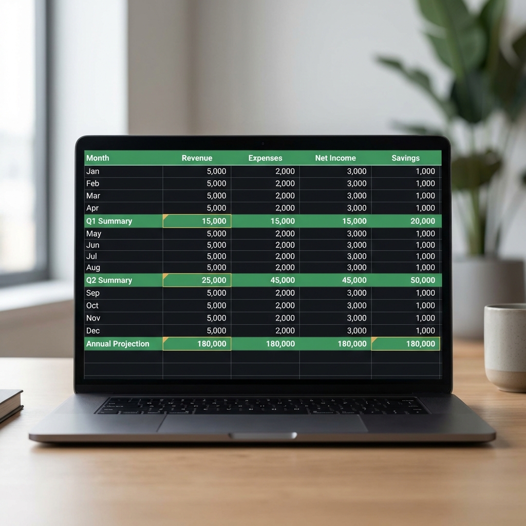 Close up laptop spreadsheet showing income modeling with highlighted rows in green and gold minimalist dark workspace passive income $2000 month