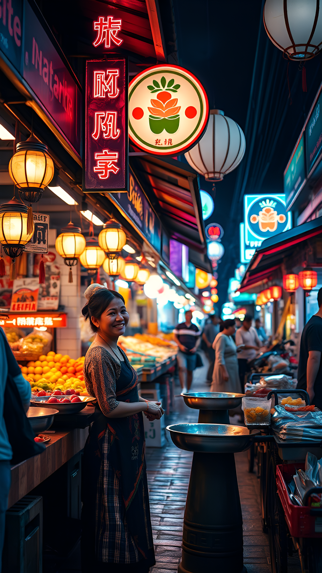 Vibrant Asian Night Market Vendor Portrait Neon Glow - Free 4K mobile Wallpaper