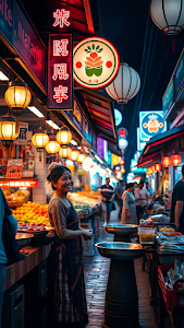 Vibrant Asian Night Market Vendor Portrait Neon Glow