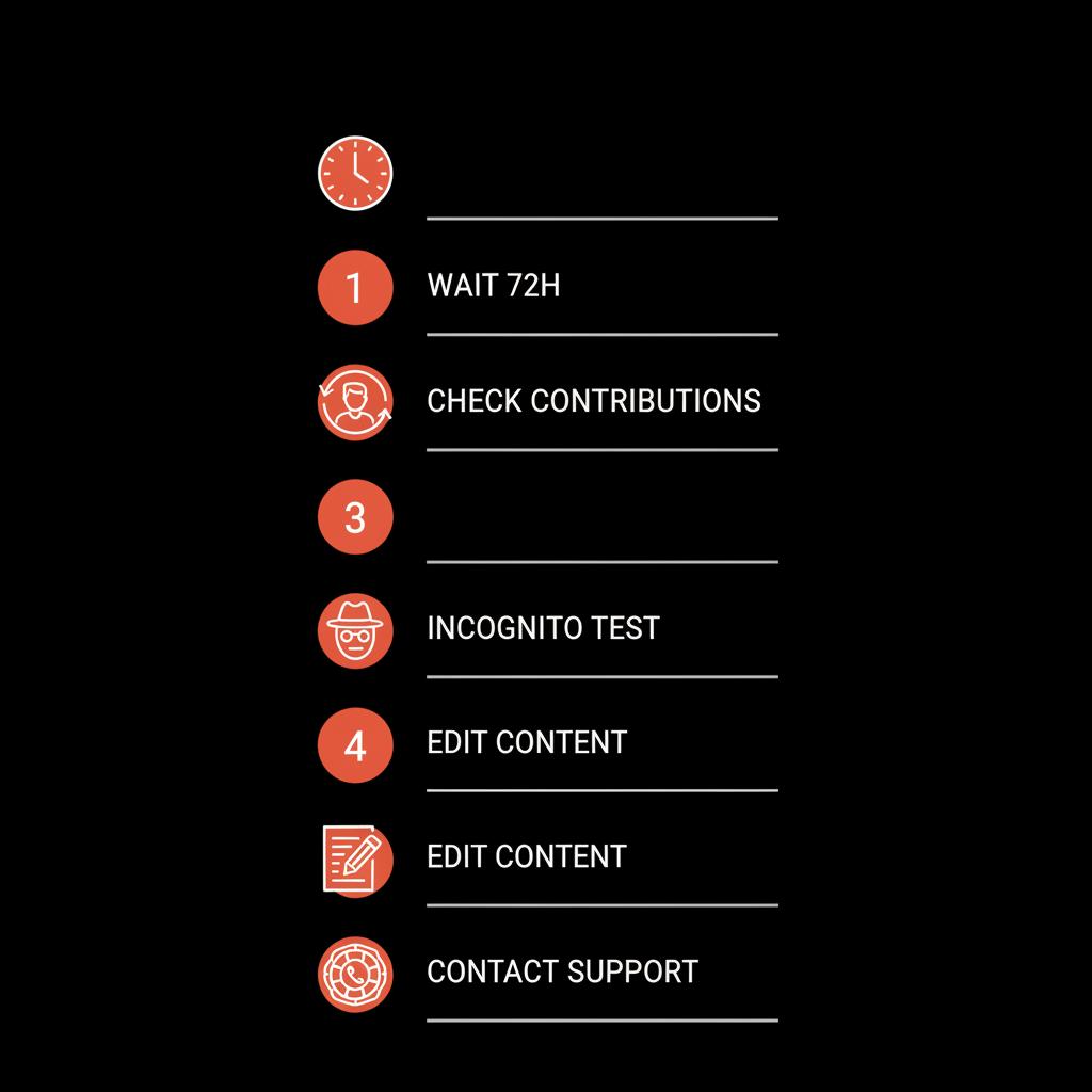 Infographic 5-step checklist to troubleshoot google review not showing publicly: wait 72h, check contributions, incognito test, edit content, contact support, minimalist icons on black background