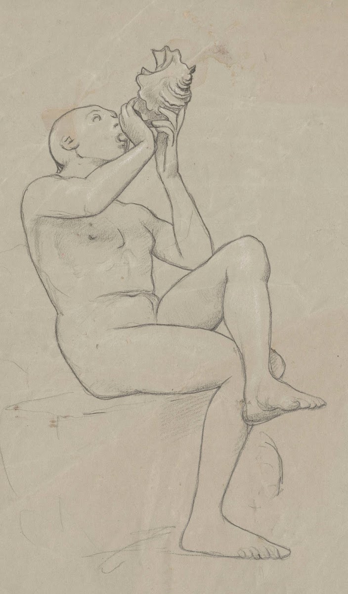 Study of a sitting naked man with his legs crossed blowing a shell 1860   1924