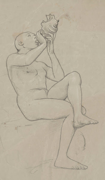 Study of a sitting naked man with his legs crossed blowing a shell 1860   1924