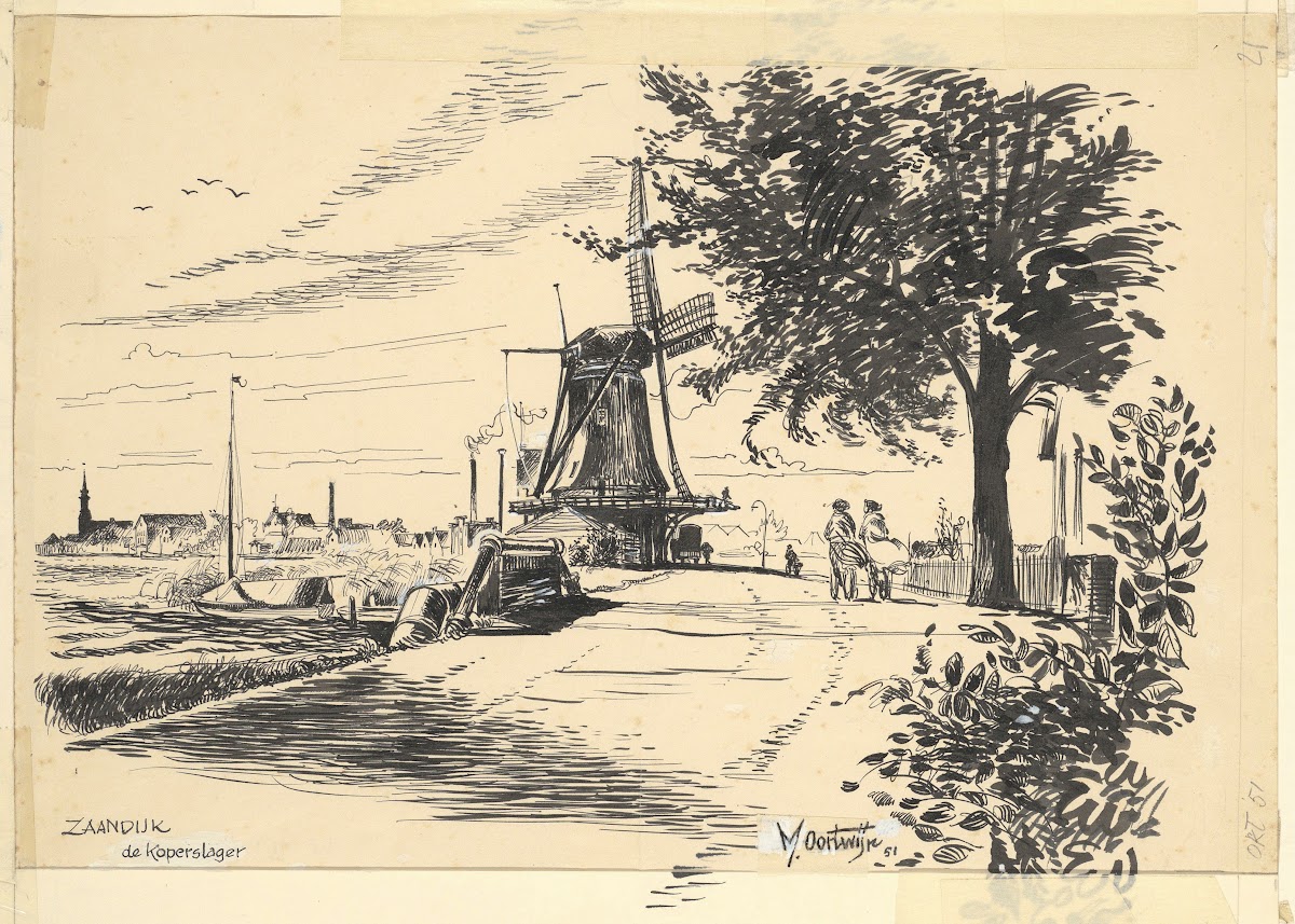 Gezicht op Zaandijk met molen De Koperslager aan de Lagedijk 1951