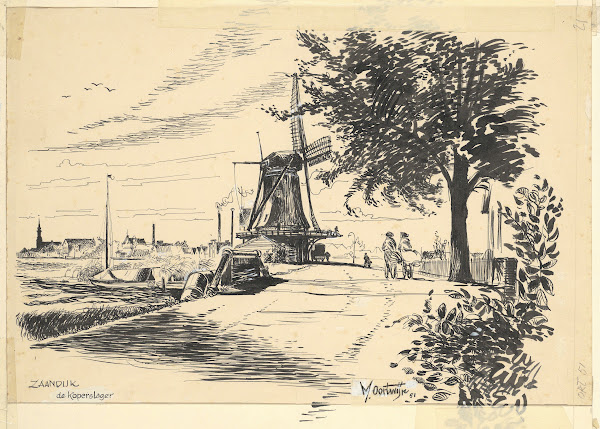Gezicht op Zaandijk met molen De Koperslager aan de Lagedijk 1951