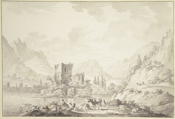 Auf einer Insel in einem Fluß eine Ruine von hohen Bergen umgeben vorne ein Hirt