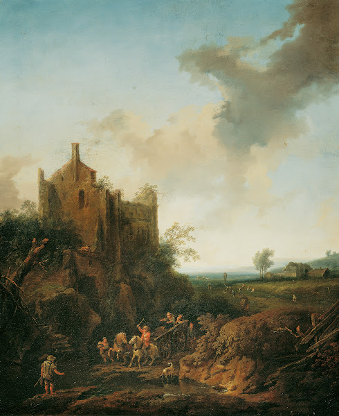Landschaft mit Schlossruine und Pferdewagen 1746