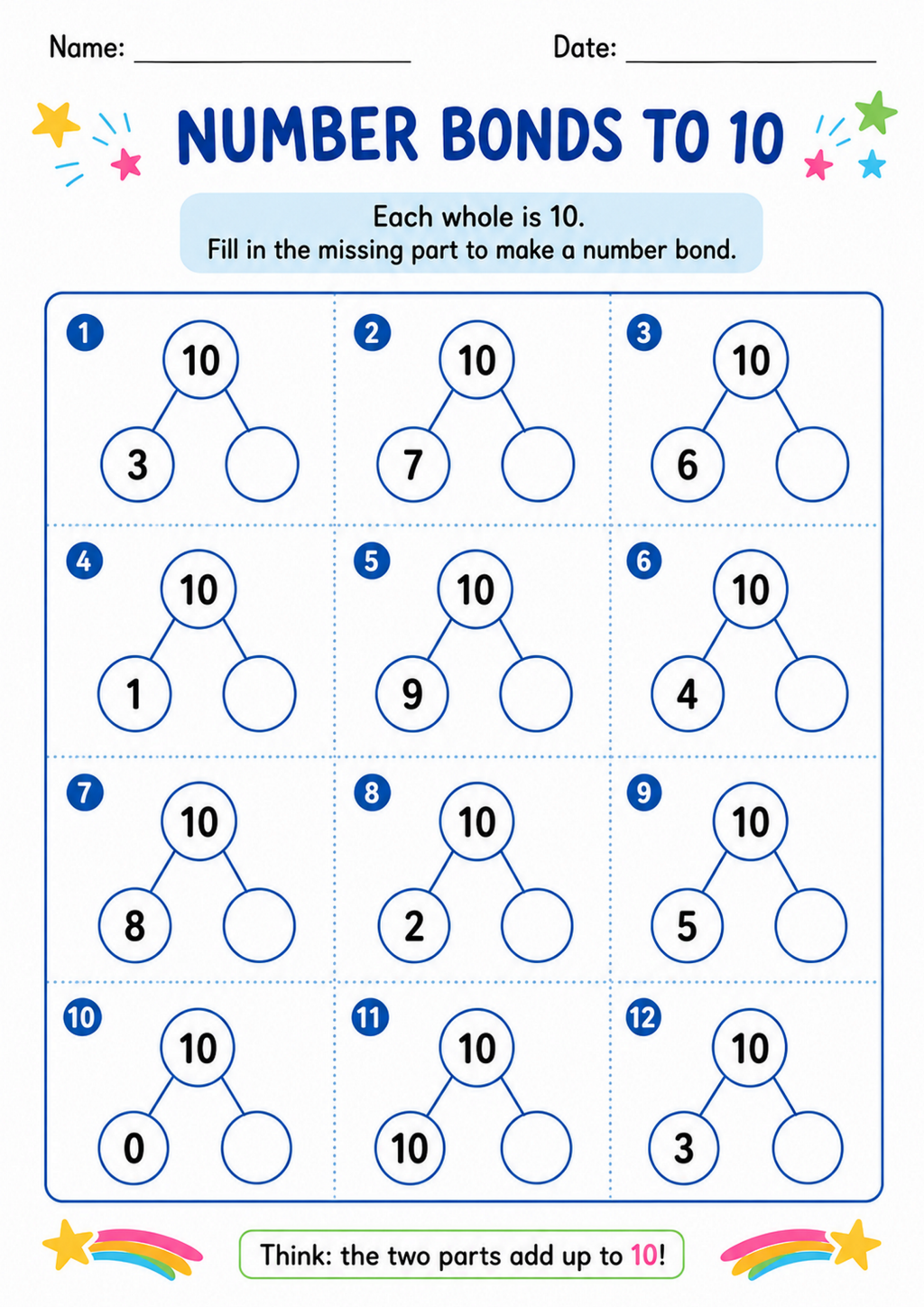 Number Bonds to 10 Worksheet