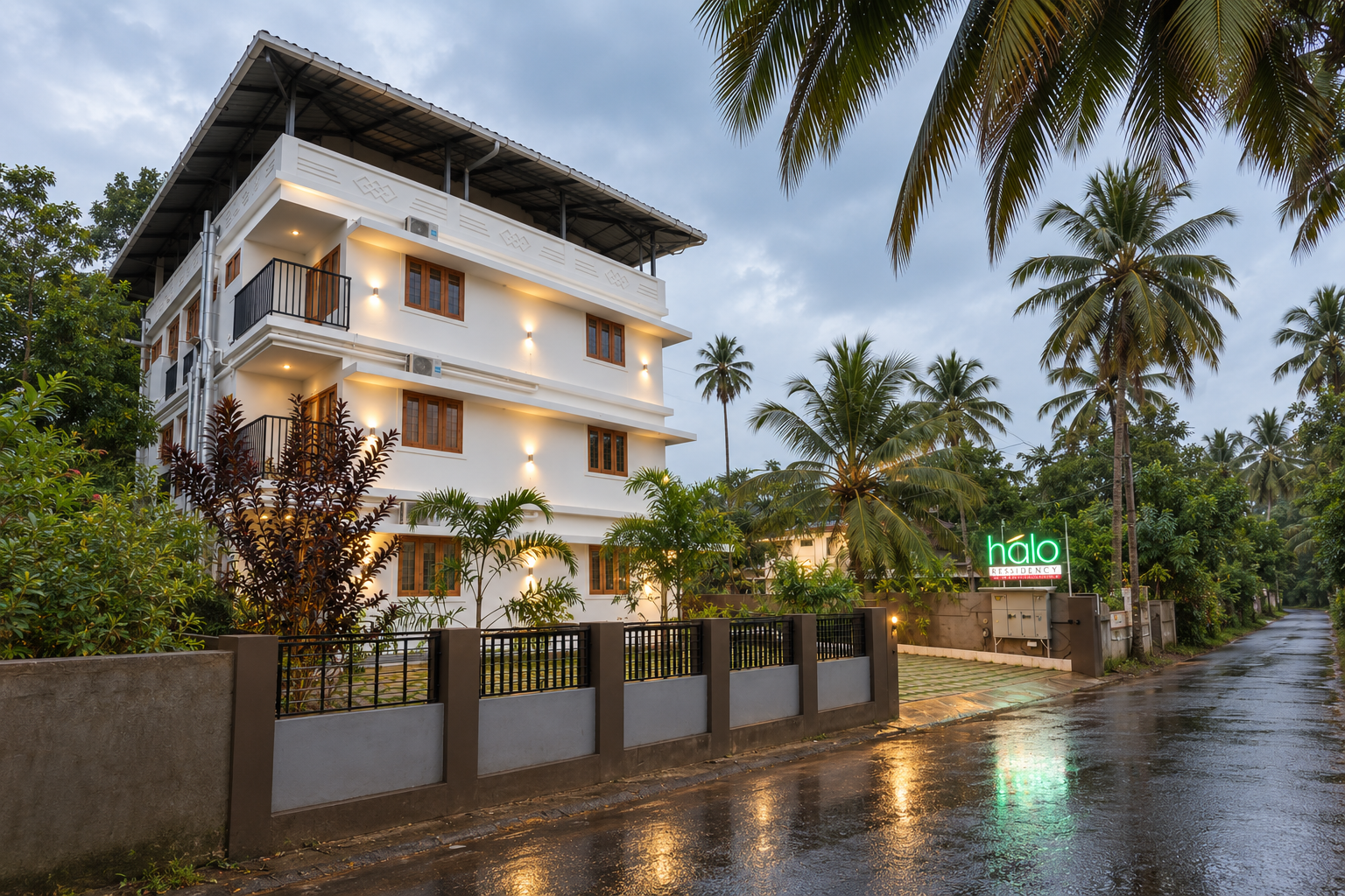Exterior view and entrance of Halo Residency in Thiruvankulam