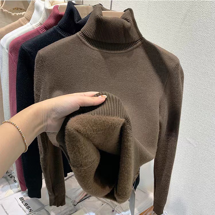 Gefütterter Damen-Rollkragenpullover, gestrickt, schmal geschnitten