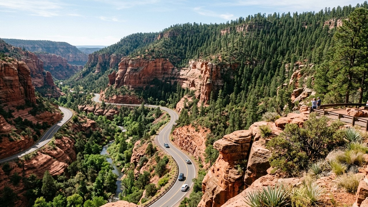 Oak Creek Canyon red rock walls and winding road through Sedona Arizona