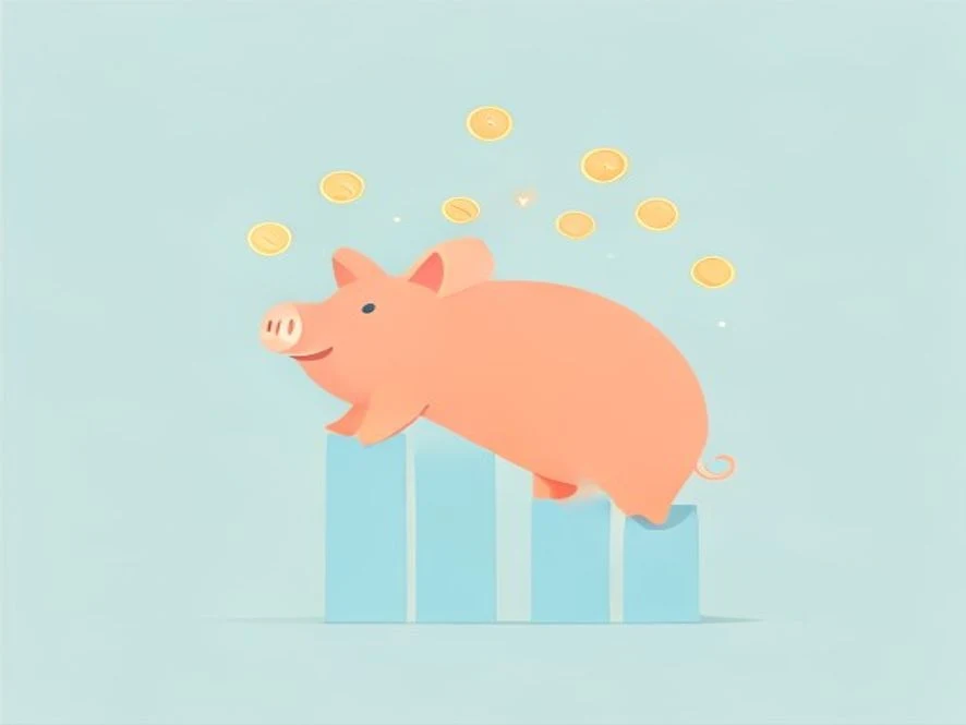 자산이 차곡차곡 쌓여 올라가는 계단식 차트 모양의 저금통 일러스트