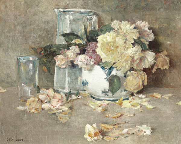 Still Life of Roses Glass Pitcher and Bowl circa 1888 90