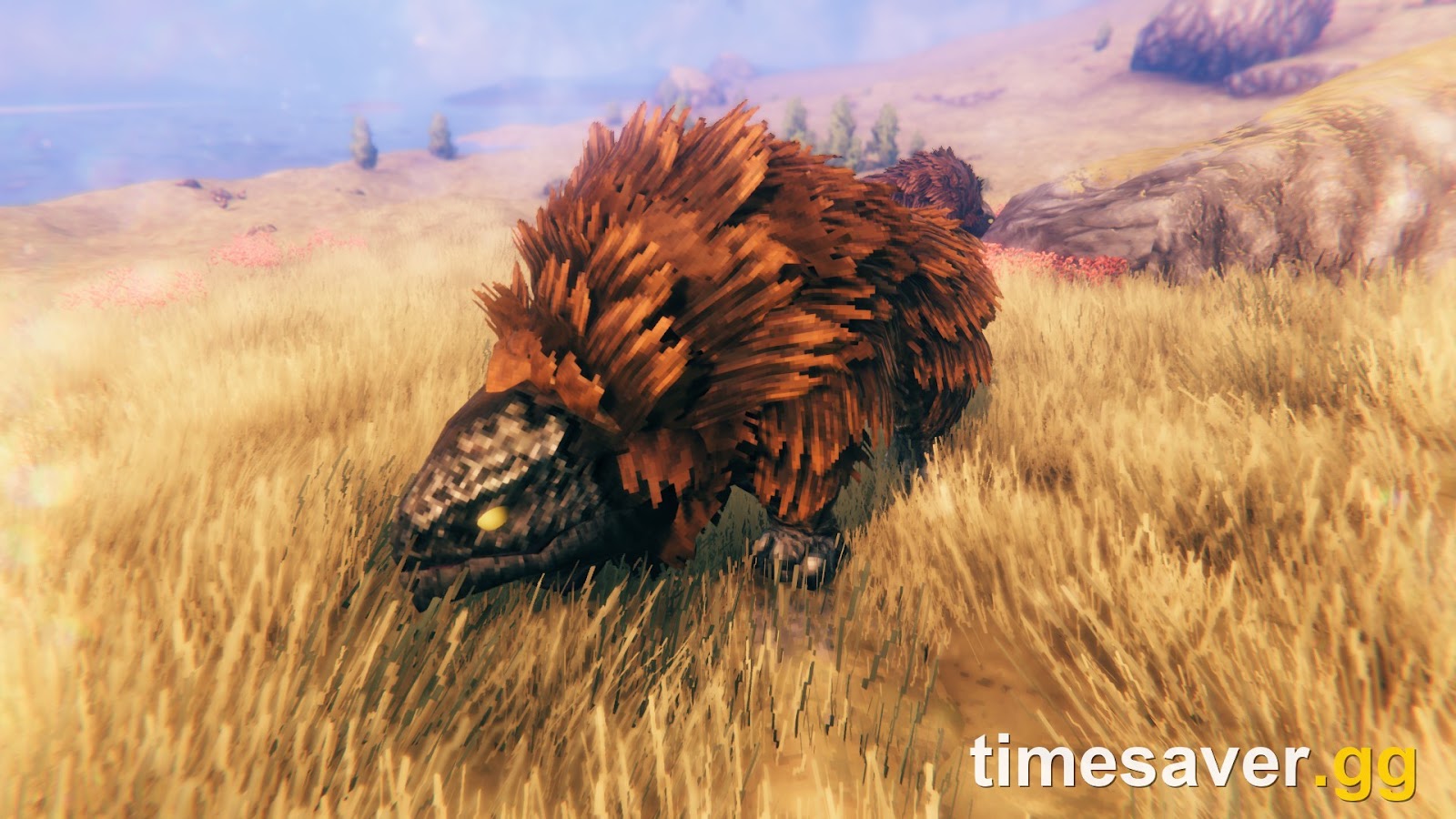 A wild Lox grazing in the golden grass of the Valheim Plains biome