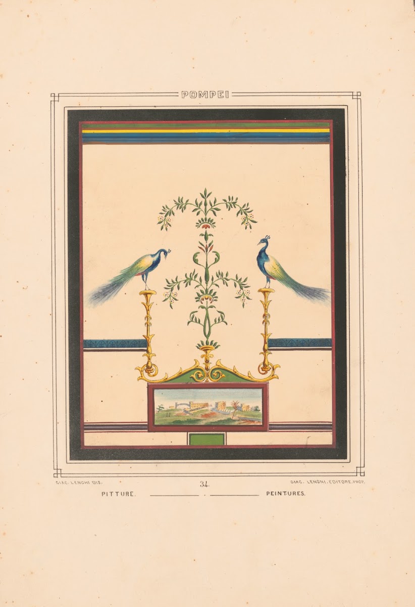 Pompei Frescoe with two peacocks facing center perched on gold fixtures with flo