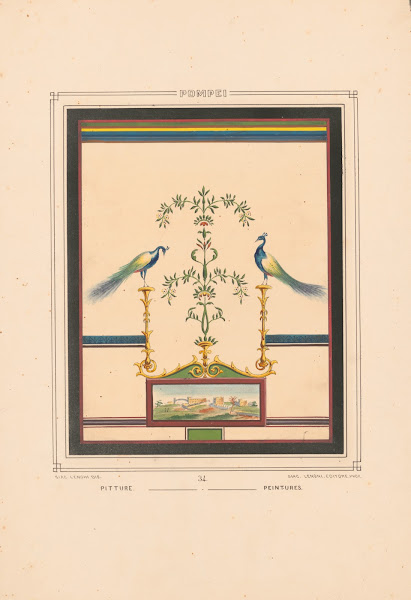 Pompei Frescoe with two peacocks facing center perched on gold fixtures with flo