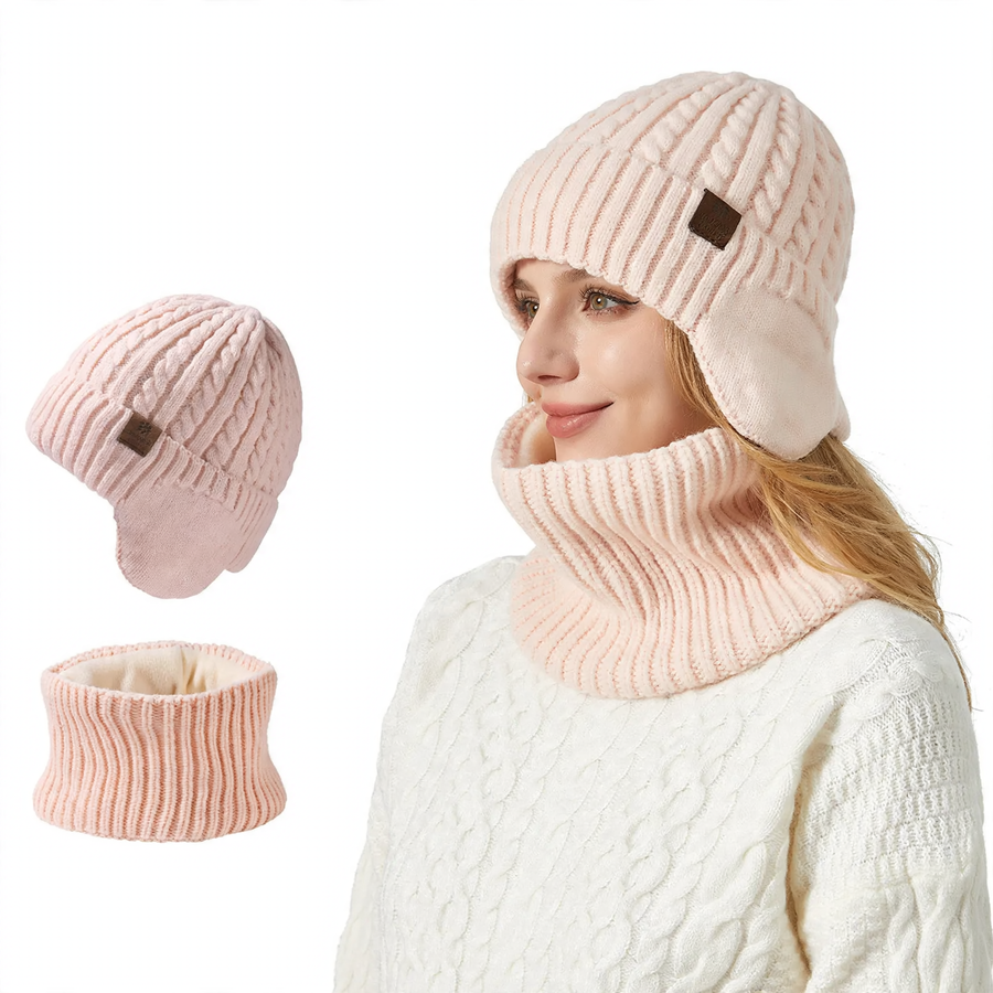 Unisex Strickmütze und Schal Set, warm, mit Ohrenschutz