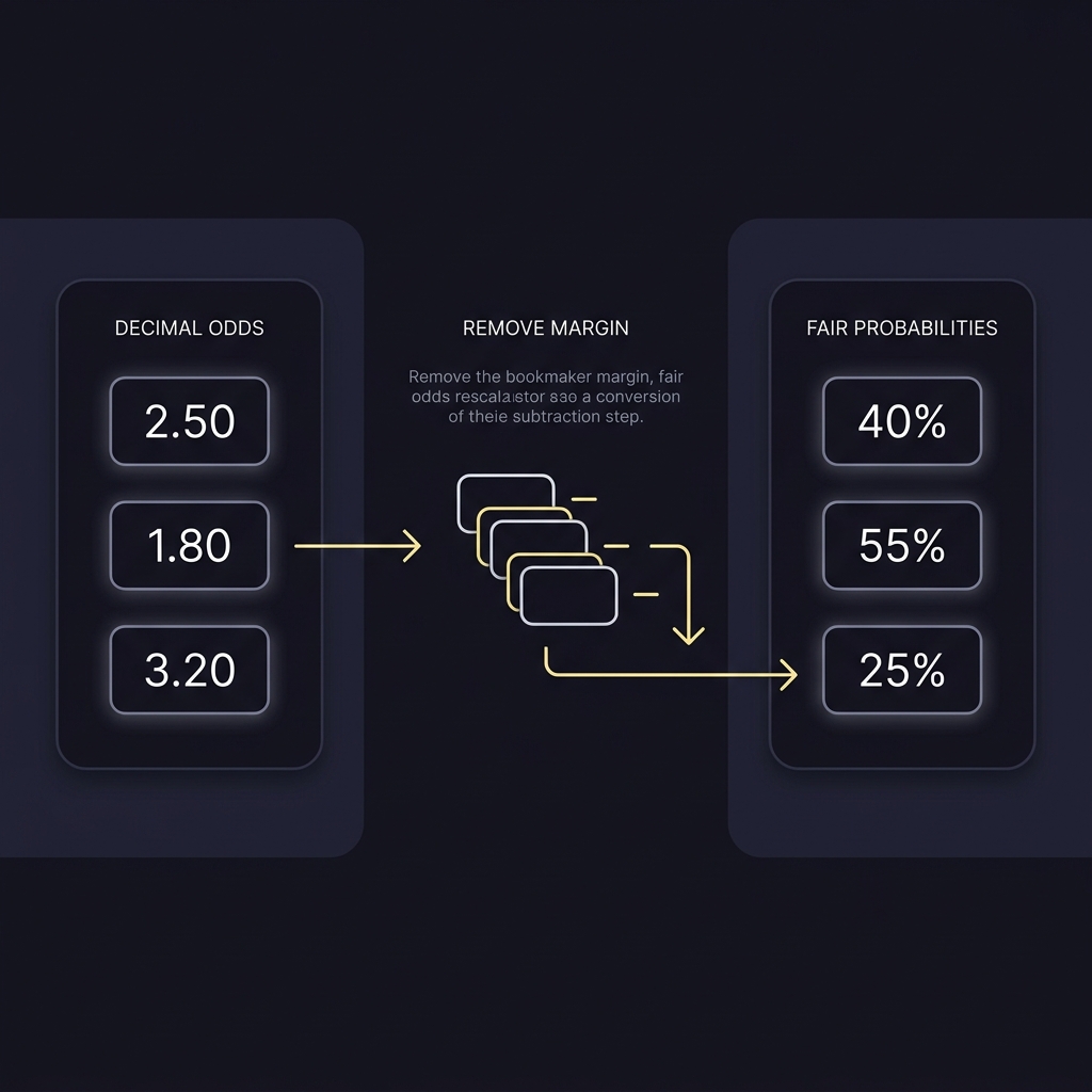 Minimalist infographic showing decimal odds converted into fair probabilities by removing bookmaker margin with arrows and rescaling oddsjam calculator